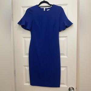 Calvin Klein Royal Blue Midi Dress with Ruffle Sleeves